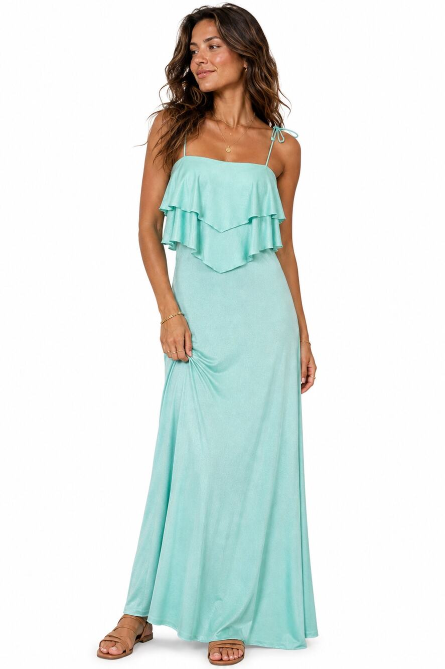Vtg Aqua Sheen Romantic Coquette Ruffled Maxi Dress Size S Boho Glam Goddess